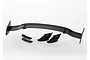 A black Traxxas XO-1 RC car rear wing with two mounting brackets and two washers, isolated on a white background.