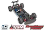 High-angle studio shot of a Traxxas 4-Tec 2.0 VXL RC car chassis showing the drivetrain, suspension, and motor, with branding logos below.