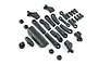 A collection of black plastic RC car spare parts including a front bumper, body mounts, and various rod ends arranged on a white background.