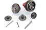 Hitec D845WP steel servo gear set including various metal gears, shafts, and a ball bearing on a white background.