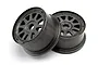 Two gunmetal grey HPI TR-10 front rims for Baja 5T/5SC RC cars, shown from an angled perspective on a white background.