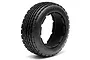 A single black HPI Dirt Buster front tyre for an RC buggy, featuring a blocky tread pattern and embossed sidewall text, isolated on a white background.