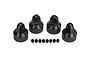 Four black anodized aluminium shock caps and eight small black spacers for Traxxas RC vehicles.