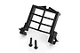 A black plastic Traxxas servo adapter plate with a grid design and two included mounting screws on a white background.