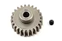 A Traxxas 24-tooth 1Mod steel pinion gear with a small black grub screw on a white background.