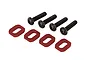 Four red rectangular aluminium motor mount spacers and four black hex head screws arranged on a white background.