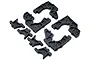 A set of black plastic RC car bulkhead components arranged on a white background.
