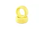 Two yellow foam tyre inserts for RC vehicles stacked on a white background.