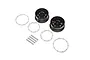 Two black RC buggy rims with silver beadlock rings and mounting screws on a white background.