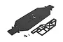 Losi DBXL-E black aluminium chassis plate with a matching support brace and small hardware set on a white background.