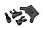 A set of black molded plastic RC car parts including a large top brace and three steering-related components on a white background.