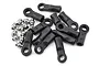 A set of black plastic rod ends and silver metal pivot balls for Losi DBXL-E RC vehicles, scattered on a white background.