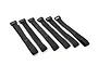 Six black hook and loop battery straps arranged in a row on a white background.