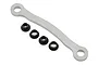A silver metal steering Ackerman plate and four black plastic bushings for a Losi DBXL-E RC car.