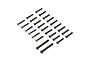 A collection of black metal button head screws of varying lengths arranged in a grid pattern on a white background.