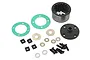 Losi DBXL-E aluminium differential case set including black metal housing, end cap, gaskets, washers, small rubber spacers, and mounting screws.