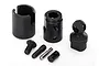 Traxxas TRX-4 steel transmission or differential output set including metal output cups, a ball end, screws, and pins on a white background.