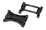 Two black plastic Traxxas TRX-4 servo mount and chassis crossmember parts shown from different angles on a white background.
