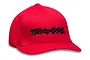 A bright red Traxxas Flexfit baseball cap with the Traxxas logo embroidered in black on the front, isolated on a white background.