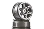 Two ARRMA 2.0/2.2 inch chrome Raider RC rims stacked on a white background.