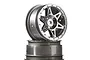 Two ARRMA RC buggy rear rims with a chrome finish stacked on a white background.