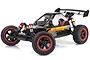 A 1/5 scale Rovan SLT 29cc 4WD petrol RC buggy with a black and orange body, red wheel rims, and large off-road tires, shown against a white background.