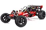 Rovan 29cc Baja 5B Sport RC buggy in red and black with off-road tires and a roll cage, viewed from a front three-quarter angle.