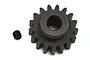 A black steel 13-tooth pinion gear with a small grub screw on a white background.