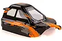 A pre-painted black RC buggy body shell with orange and grey geometric graphic accents, shown from a high-angle studio perspective.