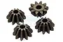 Four small metal differential bevel gears for an RC car, arranged on a white background.