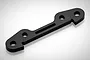A black anodized aluminium suspension arm pin brace for an RC vehicle, shown from an angled perspective against a white background.