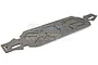 A gunmetal grey aluminium main chassis plate for an RC vehicle, featuring various cutouts and mounting holes, shown on a white background.