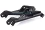 Two black plastic Rovan Baja 5SC rear bumper braces shown from a high angle against a white background.