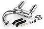 A chrome Rovan twin piped tuned exhaust set for an RC vehicle, including mounting hardware, gaskets, and rubber exhaust tips on a white background.