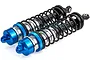 Two Rovan 5IVE-T aluminium rear shock absorbers with blue anodized caps and collars and black springs.