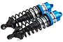 A pair of Rovan 5IVE-T aluminium front shock absorbers with blue caps and black springs on a white background.