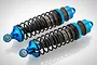A pair of Rovan blue aluminium rear shock absorbers for an RC car, featuring black springs and rubber dust covers on a white background.