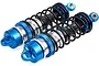 Two blue and silver aluminium RC shock absorbers with black coil springs, positioned side by side on a white background.