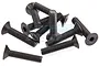 A pile of ten black metal countersunk hex head screws for RC models.