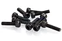 A small pile of ten black metal cap head screws with hex sockets, arranged on a white background.