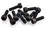 A pile of ten black metal cap head screws with hexagonal sockets, arranged on a white background.
