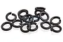 A pile of fifteen black metal split spring washers for RC cars on a white background.