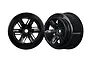 Two black RC monster truck rims for Traxxas X-Maxx, shown from front and side angles against a white background.