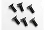 Six black metal countersunk head screws arranged in two rows on a white background.