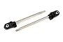 Two Traxxas GTX shock shafts with black plastic rod ends and metal pivot balls attached, isolated on a white background.