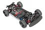 A high-angle studio shot of a Traxxas 4-Tec 2.0 RC car chassis showing the motor, suspension, and drivetrain components.
