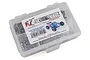 A clear plastic storage box filled with various stainless steel screws and hardware for an Arrma Vorteks RC car, featuring an RC Screwz label.