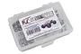 A clear plastic storage box filled with various stainless steel screws and hardware for an Arrma Granite BLS RC car, featuring an RC Screwz label.