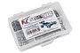 A clear plastic storage box filled with various stainless steel screws and nuts for a Traxxas Bandit VXL RC car, featuring an RC Screwz label.