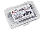 RC Screwz stainless steel screw kit for Traxxas E-Maxx TSM in a clear plastic storage box with a product label.